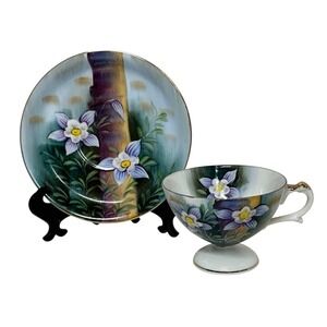 Vintage 1950s Norcrest Footed Tea Cup & Saucer Set Colorado Columbine EW-4951-CC